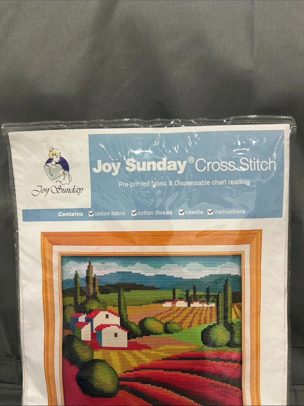 VTG Joy Sunday Multicolor Countryside Cross Stitch Wall Art Kit